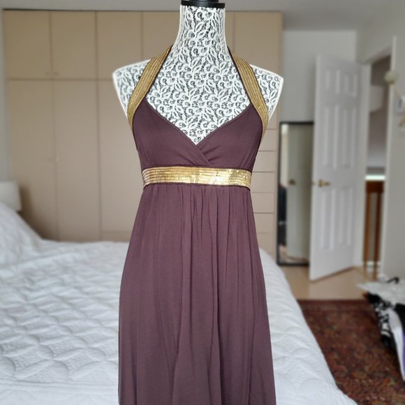 Brown and Gold Halter Strap Dress - Picture 1 of 7